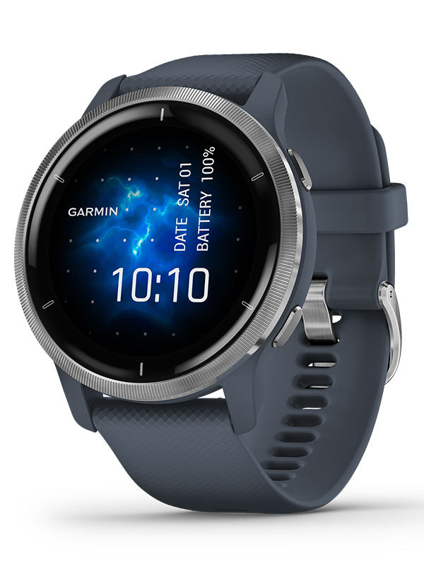 GARMIN Venu 2 Silverfärgad i rostfritt stål med granitblå boett och silikoarmban