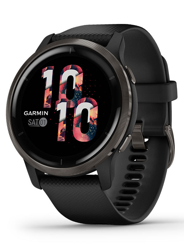 GARMIN Venu 2 Skiffergrå i rostfritt stål med svart boett och silikonarmband