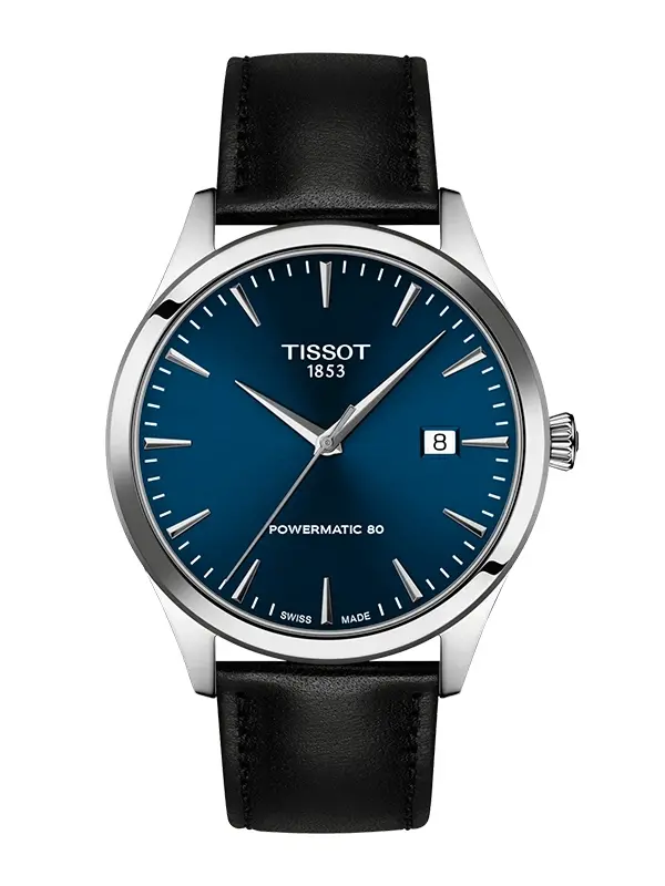 En bild på TISSOT Classic Dream 40mm T158.407.16.041.00, Automatic movement, 80 hours power reserve, Blue dial, Black leather strap som du kan beställa online hos klockia.se till snabb leverans och bra pris.
