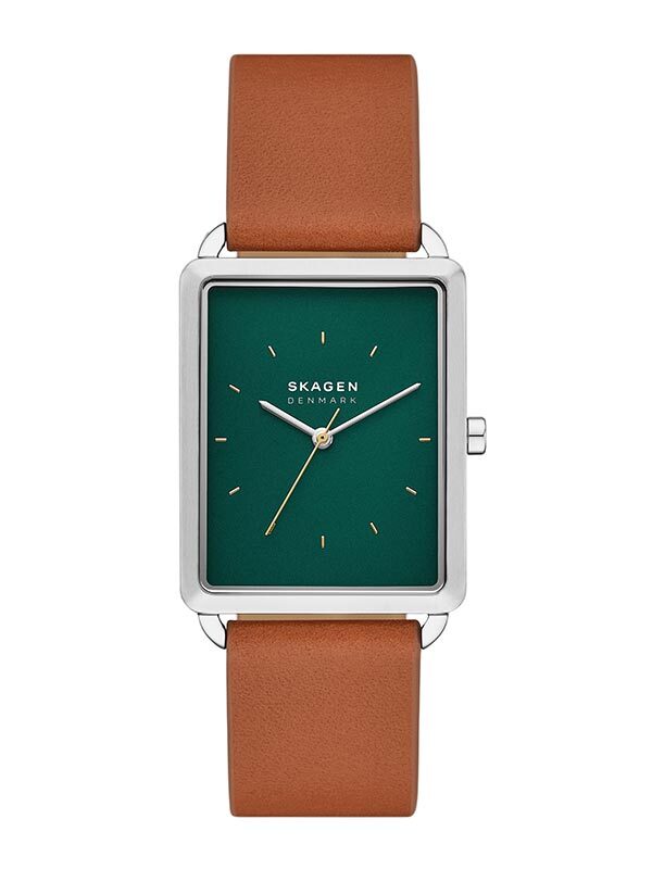 SKAGEN Hagen 36mm Fyrkantig, Grön tavla, Brunt läderarmband