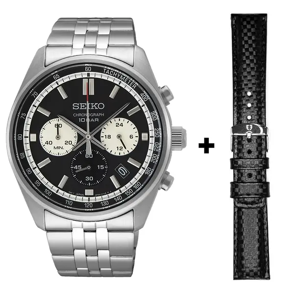 SEIKO Gent Chronograph 41.5mm SSB429P1 + Ezteem Klockarmband Carbon - Svart 22mm