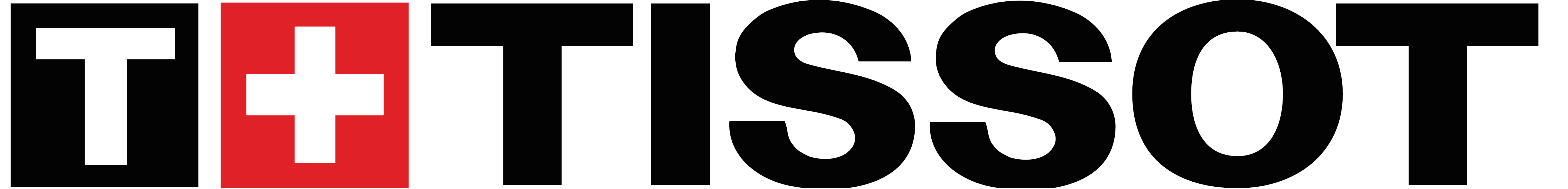 Tissots logga i svart och rött, först är ett stort vitt T i en svart fyrkant, sen är det ett vitt plustecken i en röd fyrkant och sen texten "Tissot" i stora tjocka bokstäver i svart.