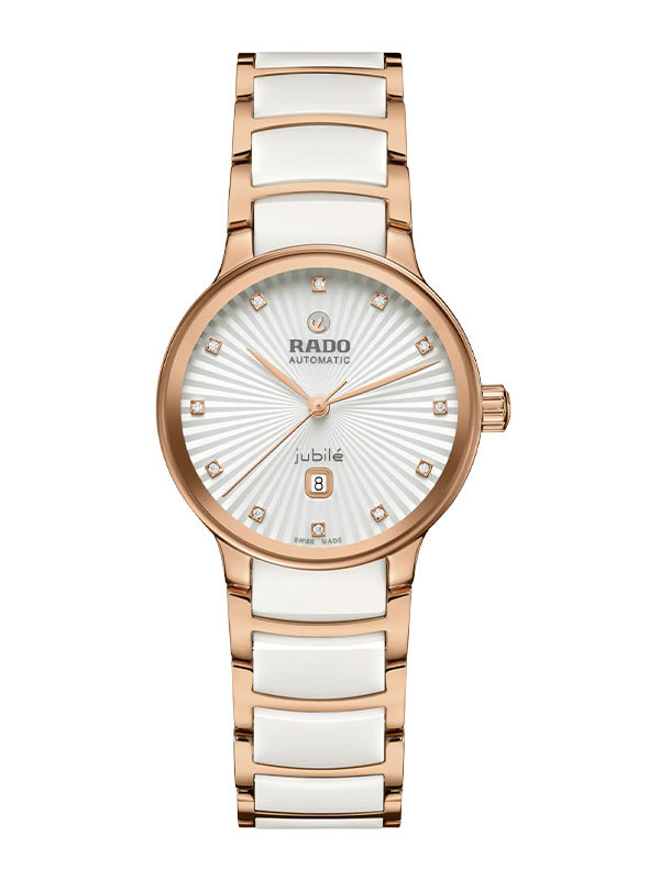 RADO Centrix Automatic Diamonds 30.5mm R30019744 Vacker damklocka med silvertavla med diamanter och vit och roséfärgad armband