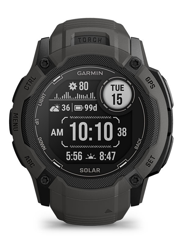 Garmin instinct klockor i helgrå design med en svart urtavla som är digital.