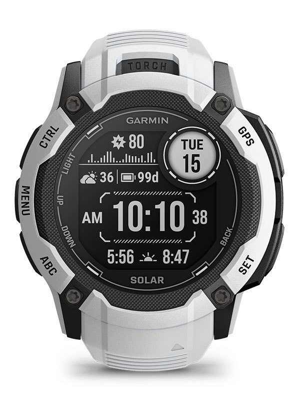 Garmin instinct klockor med vit och svart design. Armbandet är vitt och urtavlan svart med digital skärm. 