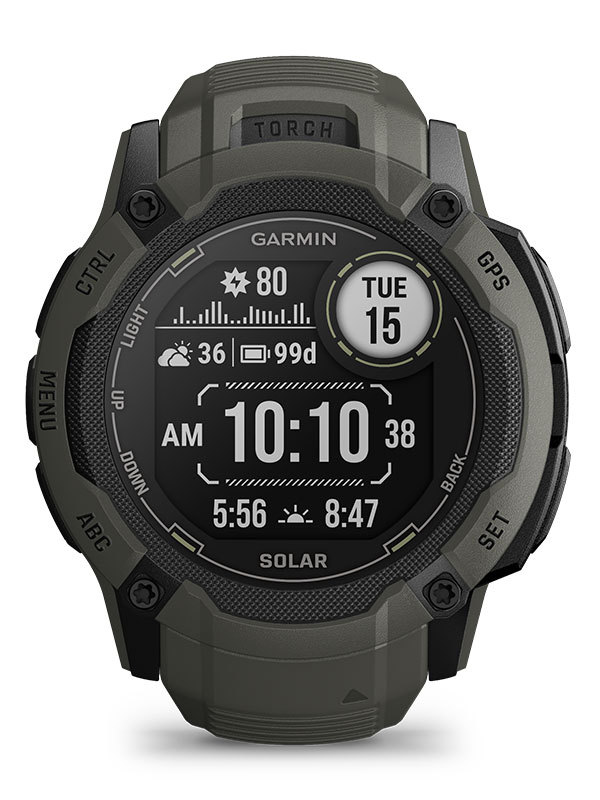 Grön klocka från Garmin, modell instinct med svarta detaljer och en digital urtavla. 